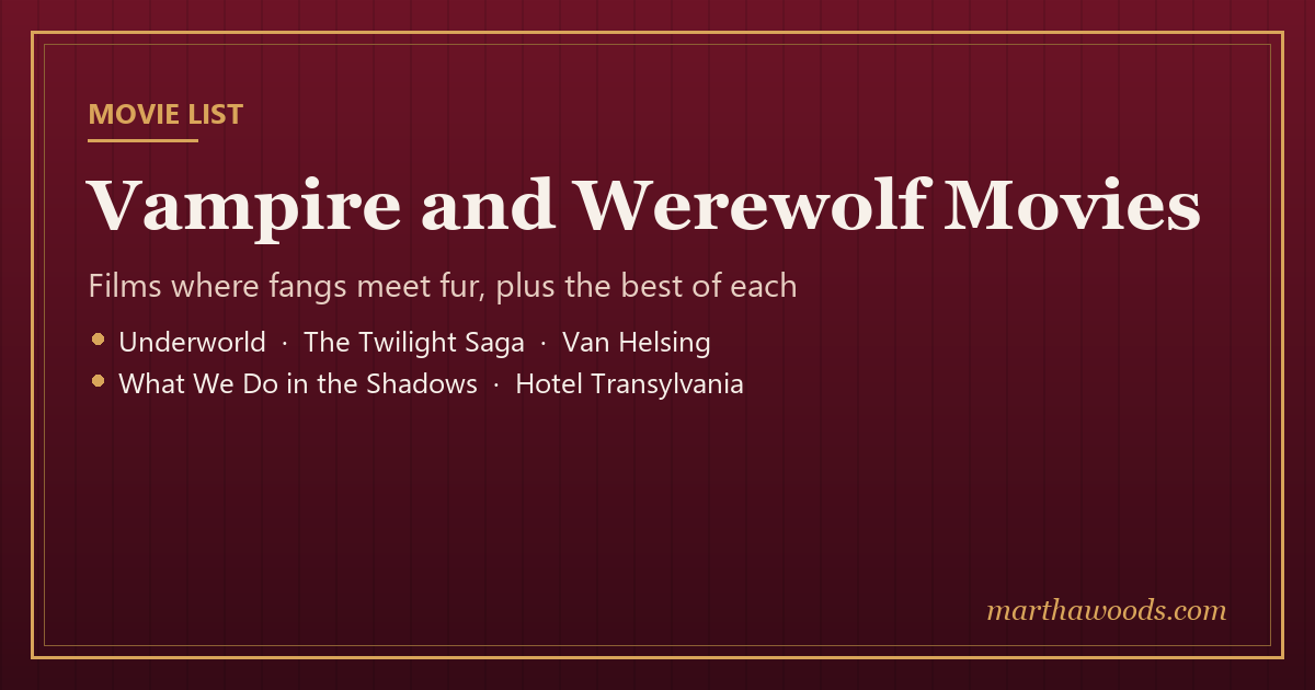 Title card: Vampire and werewolf movies, including Underworld, The Twilight Saga, Van Helsing, What We Do in the Shadows and Hotel Transylvania
