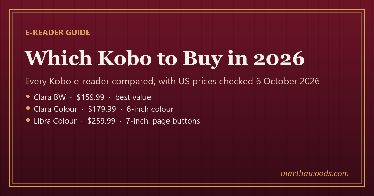 Title card: Which Kobo to buy in 2026. Clara BW $159.99, Clara Colour $179.99, Libra Colour $259.99